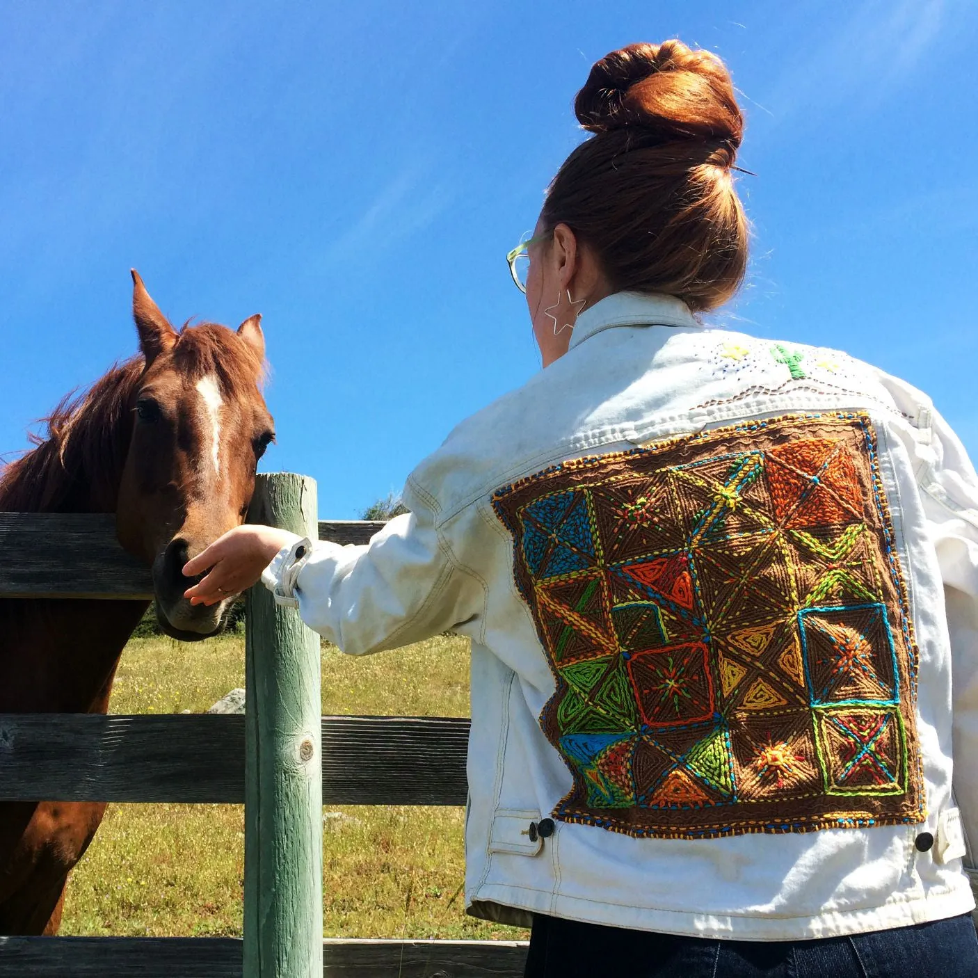 Desert Moon Snake Hand-Embroidered Vintage Denim Jacket