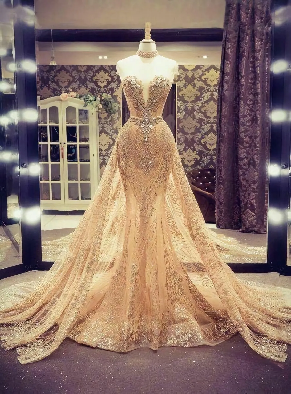 Details About Gold Sparkling Mermaid Evening Prom Party Dress Celebrity Gown Detachable Train