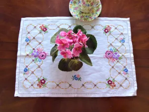 English Tray Cloth Linen Hand Made Embroidered Multi Color Floral 1930s Rectangular