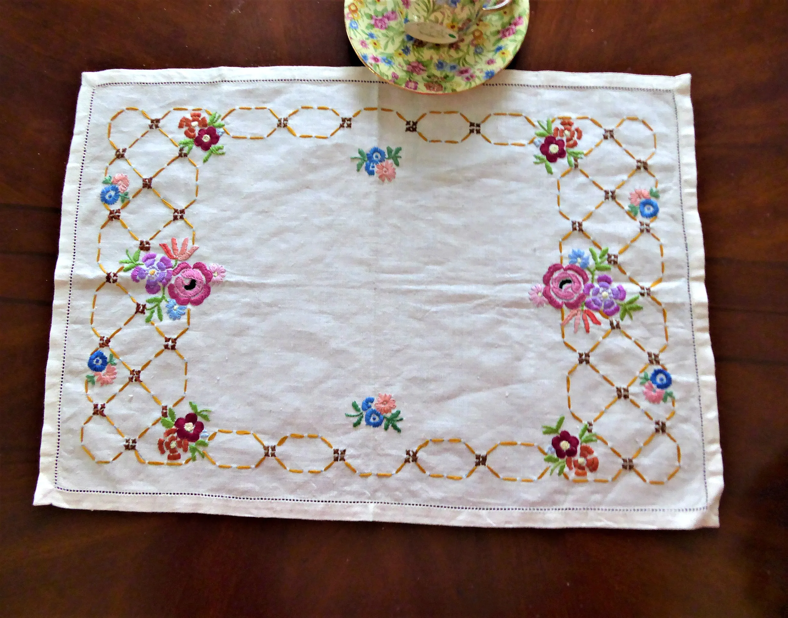 English Tray Cloth Linen Hand Made Embroidered Multi Color Floral 1930s Rectangular