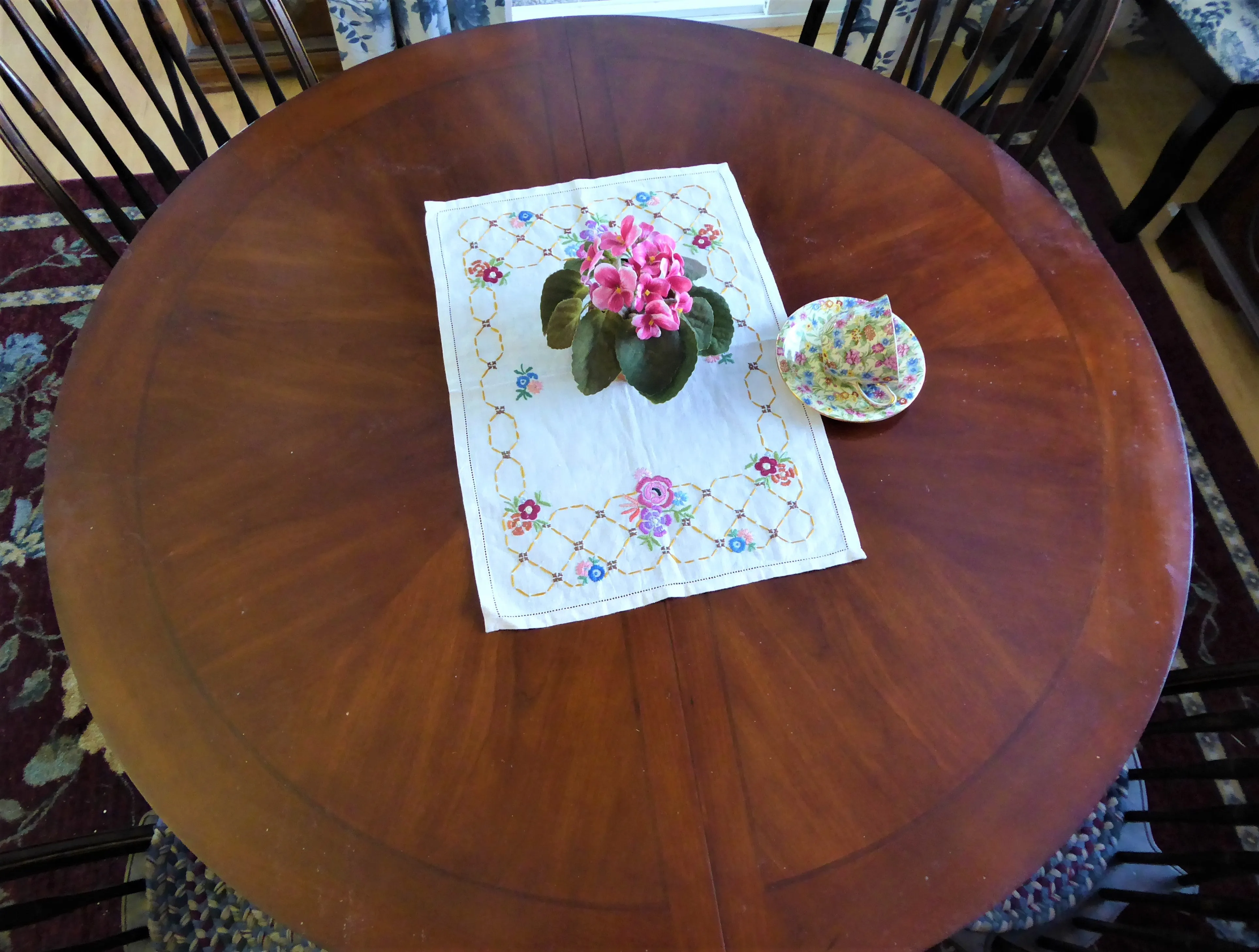 English Tray Cloth Linen Hand Made Embroidered Multi Color Floral 1930s Rectangular