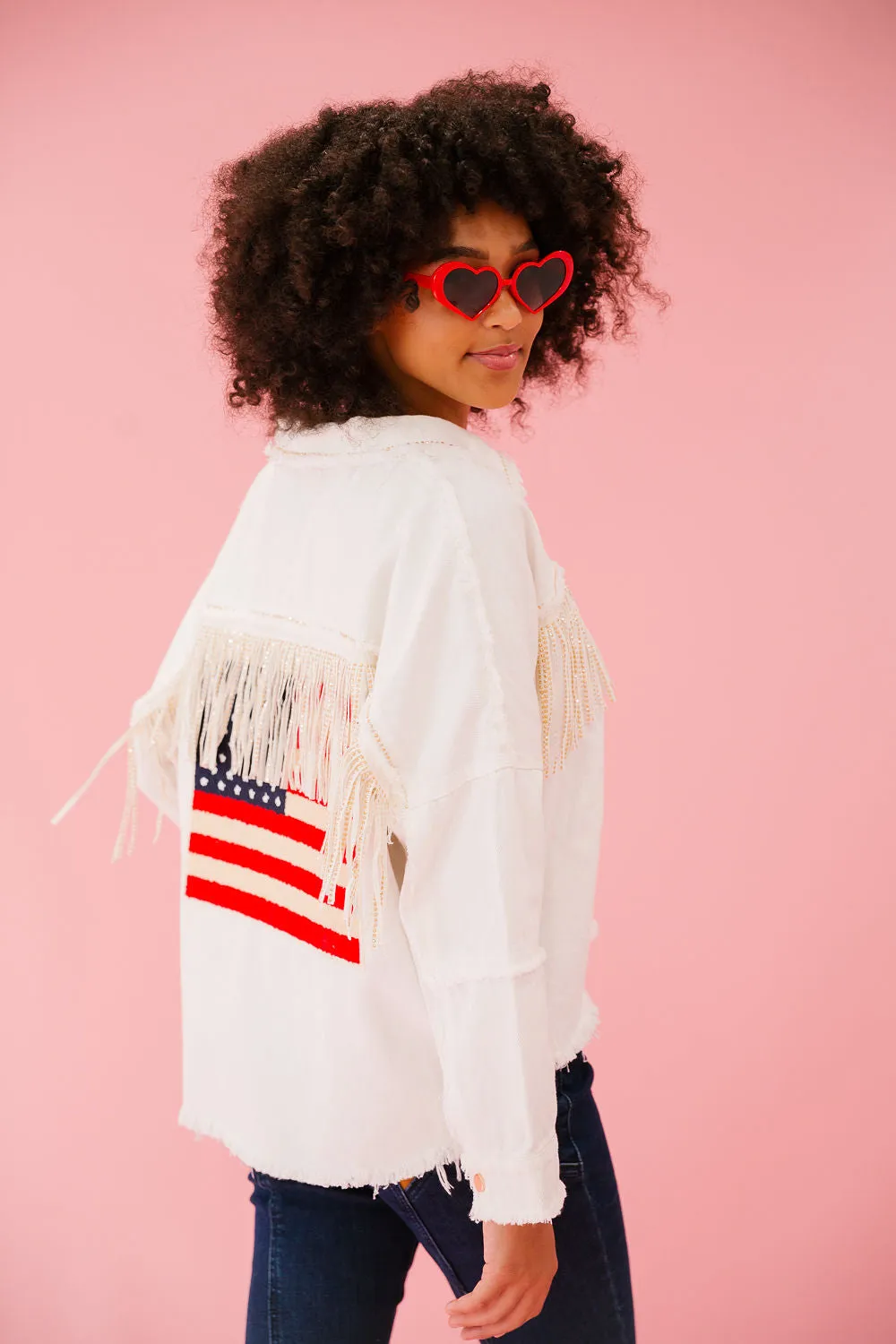 FLAG FRINGE WHITE DENIM JACKET