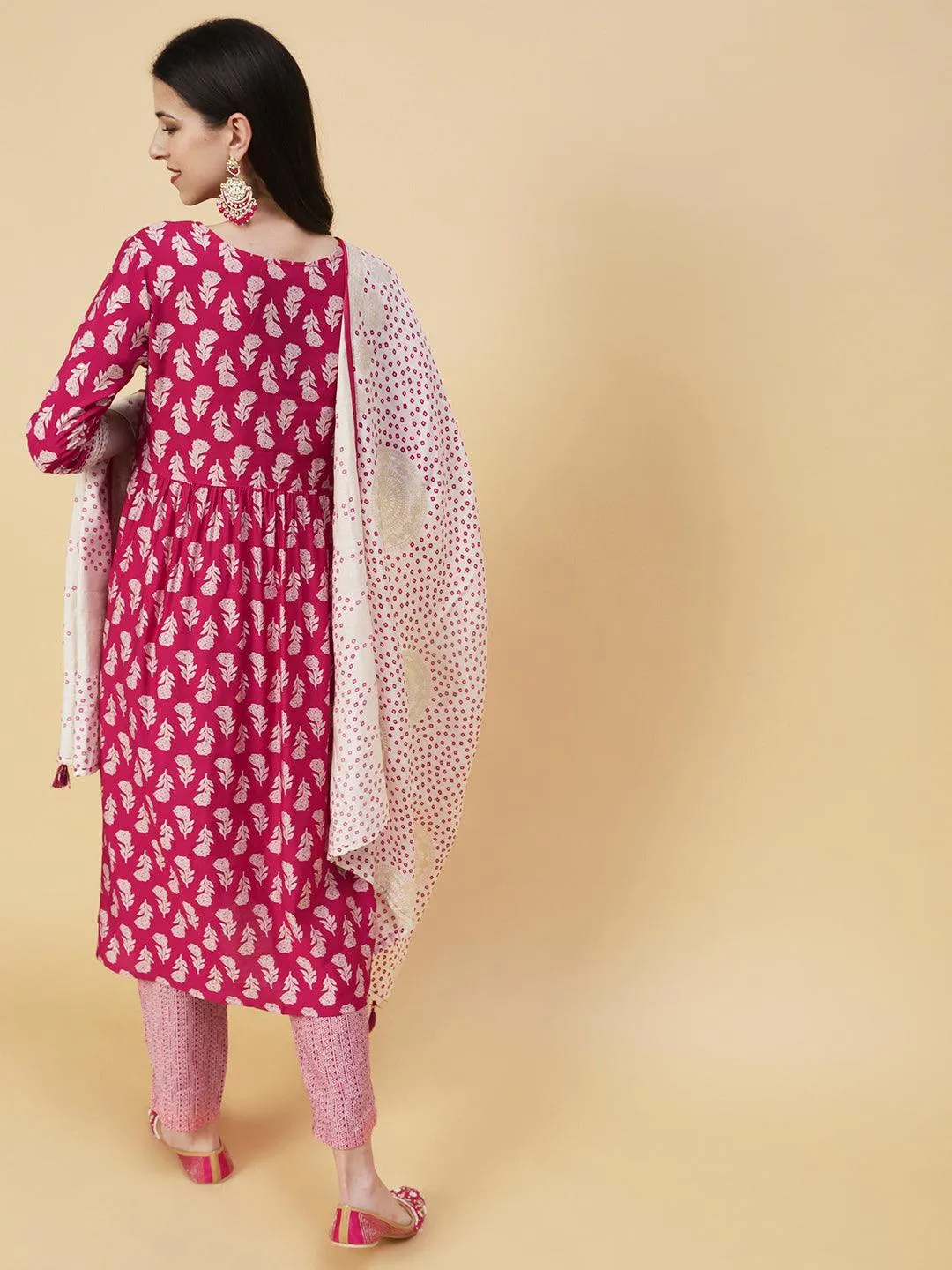 Floral Block Printed Resham Dori Embroidered Flared Kurta With Pants & Foil Printed Dupatta - Fuchsia