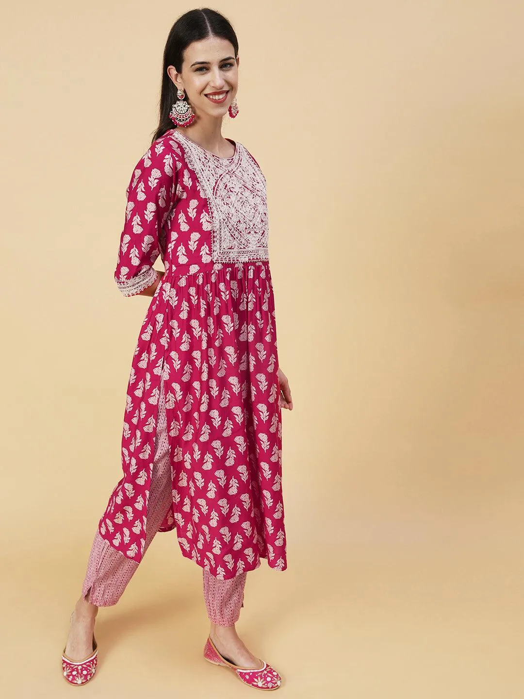 Floral Block Printed Resham Dori Embroidered Flared Kurta With Pants & Foil Printed Dupatta - Fuchsia