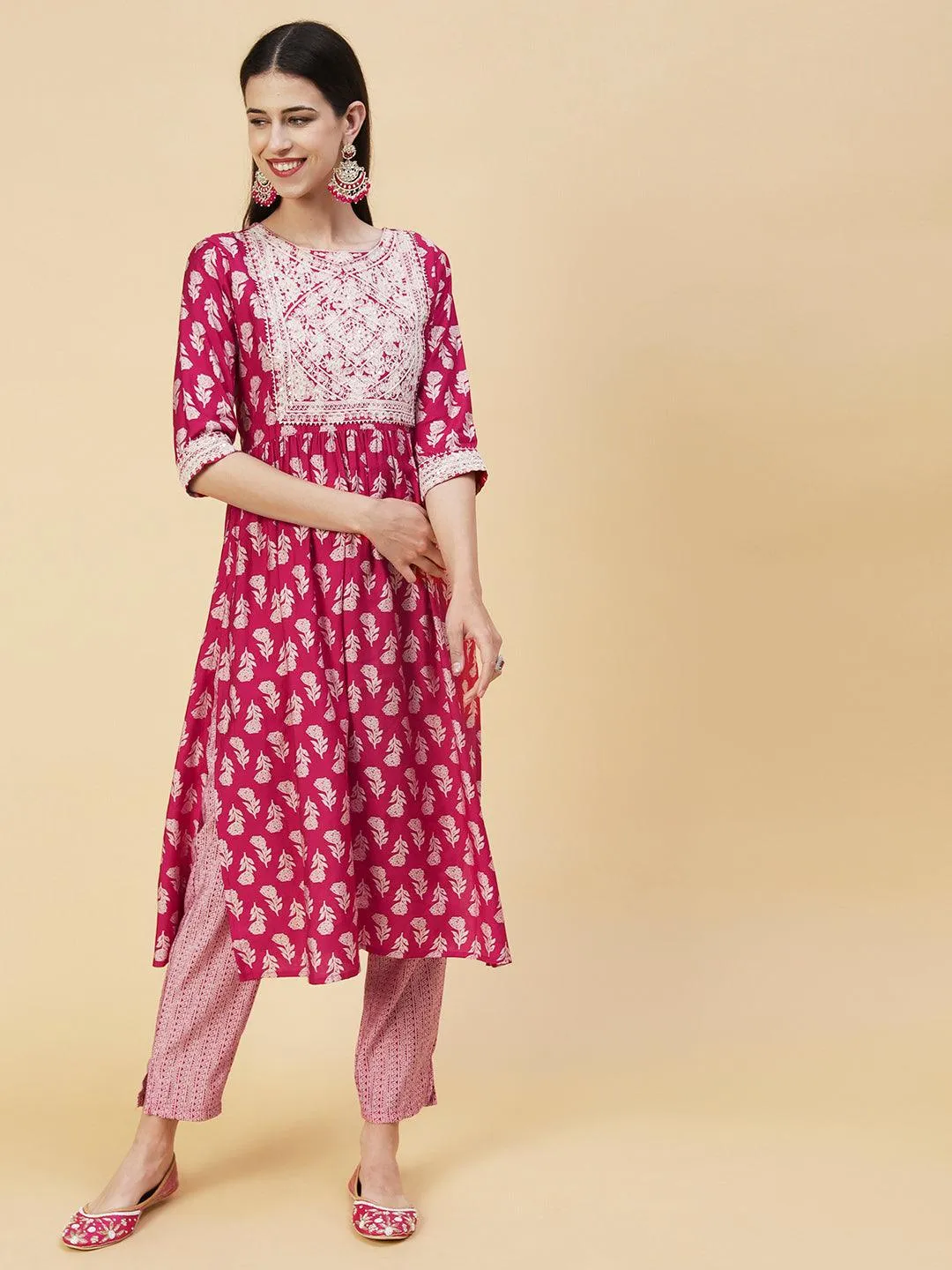 Floral Block Printed Resham Dori Embroidered Flared Kurta With Pants & Foil Printed Dupatta - Fuchsia