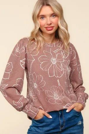 Floral Outline Rib Knit Long Sleeve Top - Mocha