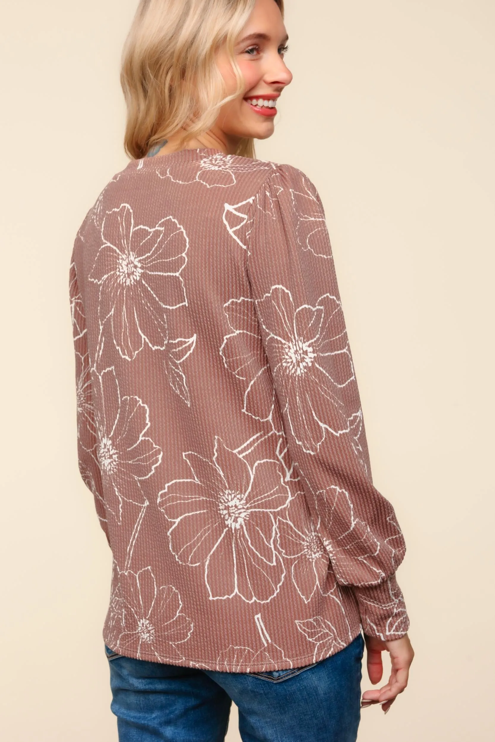 Floral Outline Rib Knit Long Sleeve Top - Mocha