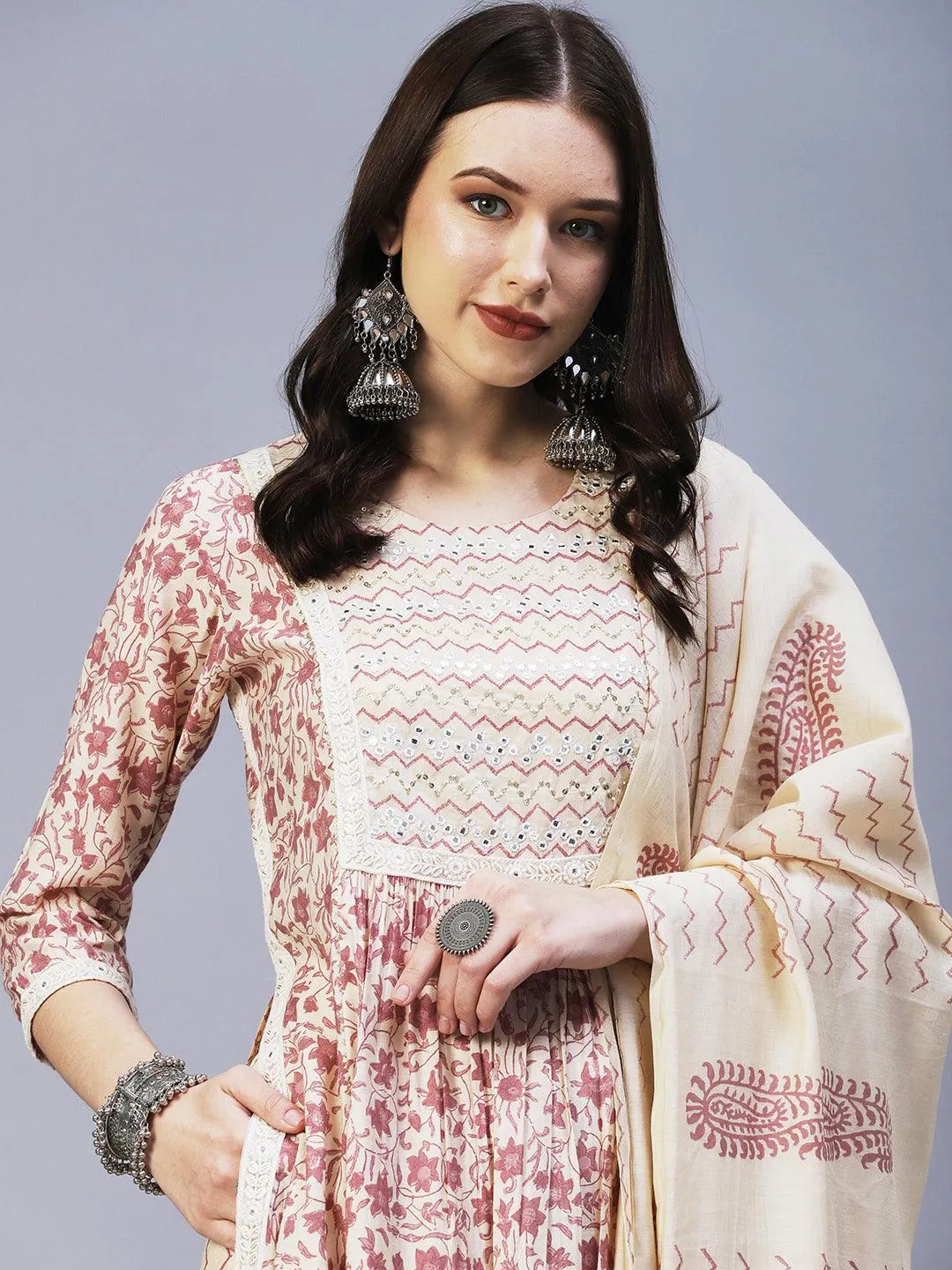 Floral Printed Mirror Embroidered High Slit Kurta With Pants & Dupatta - Cream