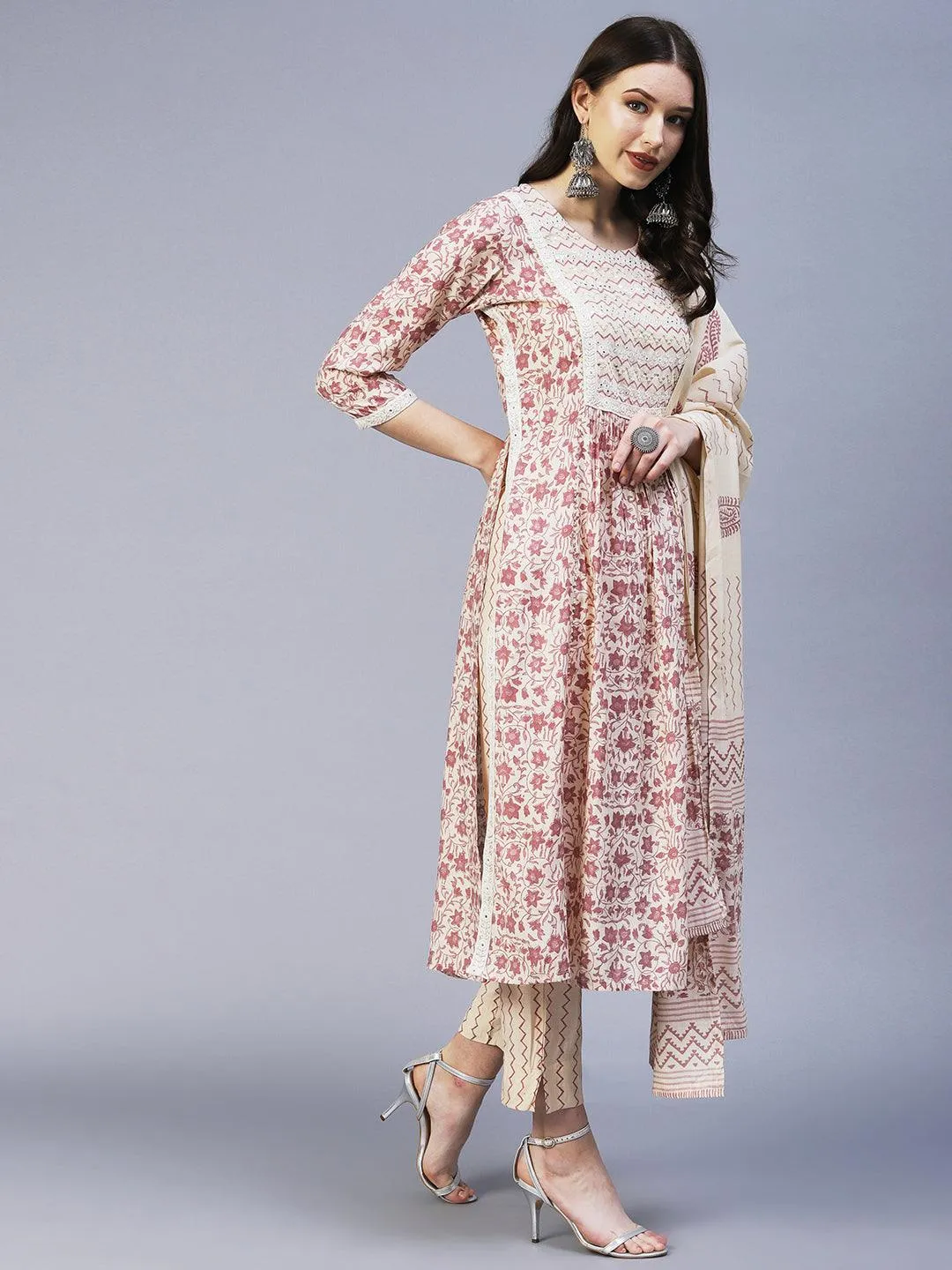 Floral Printed Mirror Embroidered High Slit Kurta With Pants & Dupatta - Cream