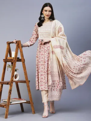 Floral Printed Mirror Embroidered High Slit Kurta With Pants & Dupatta - Cream