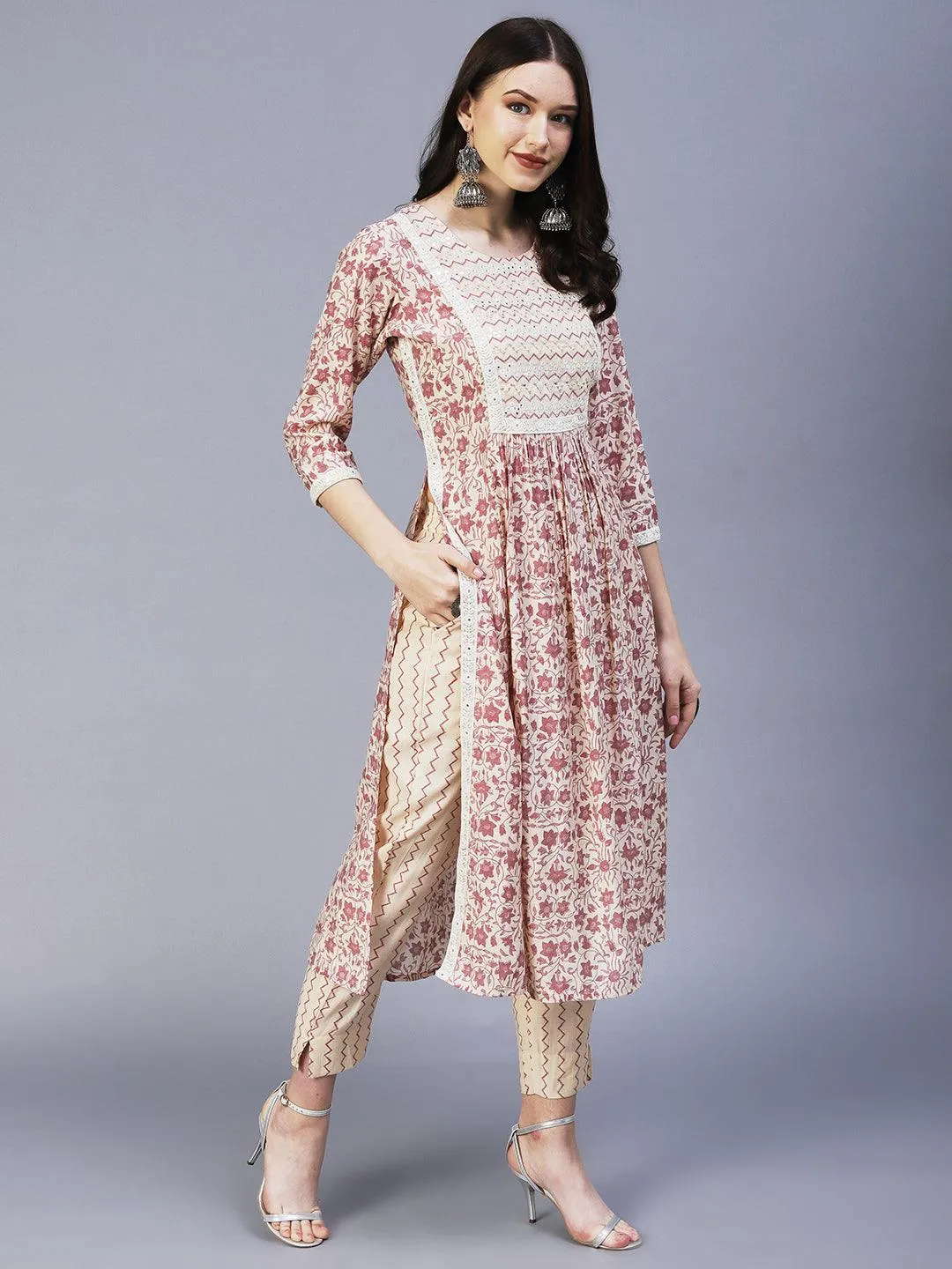 Floral Printed Mirror Embroidered High Slit Kurta With Pants & Dupatta - Cream