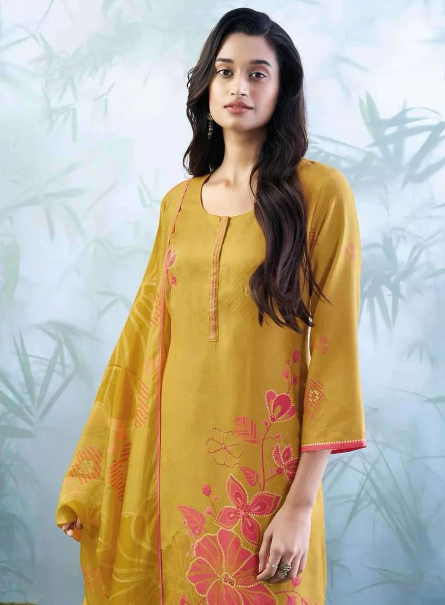 Ganga Woolen Pashmina Yellow Unstitched Winter Suit Dress Material