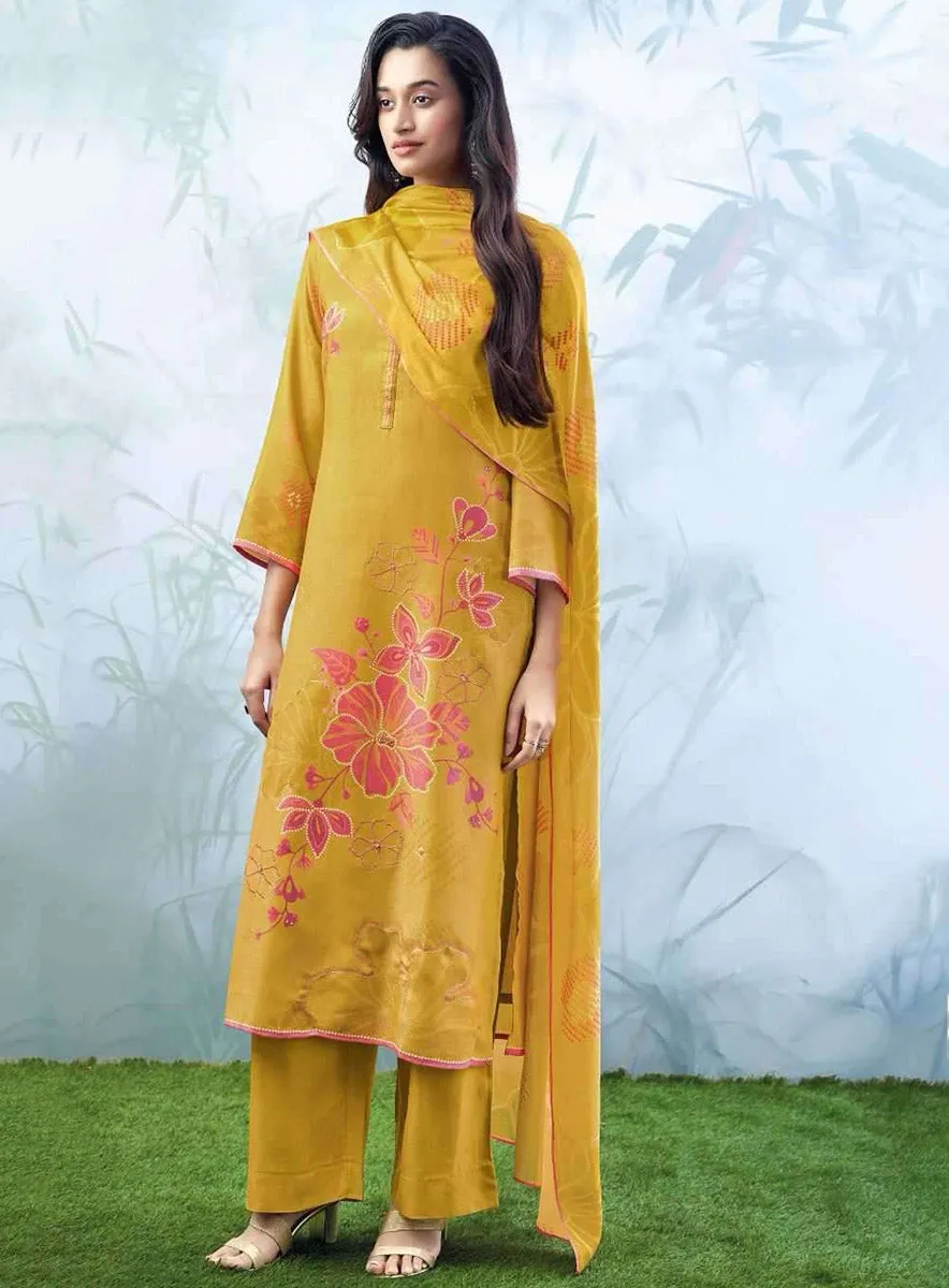 Ganga Woolen Pashmina Yellow Unstitched Winter Suit Dress Material