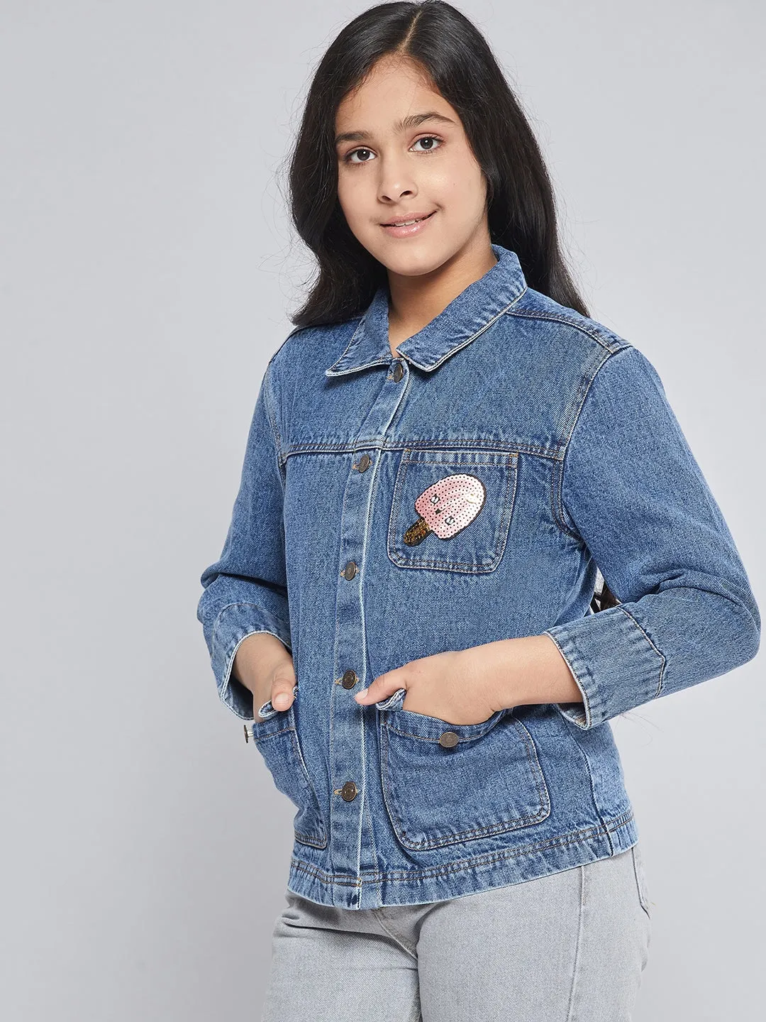 Girls Blue Ice Cream Patch Denim Jacket