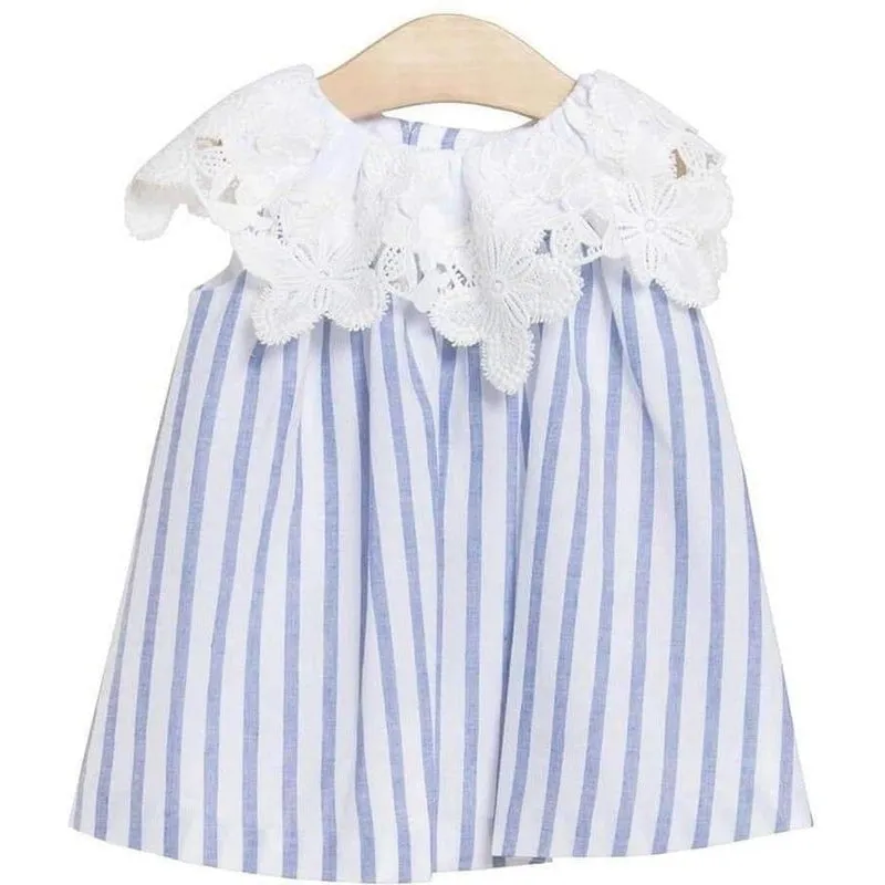 Girls Blue Lace detailed Striped Dress