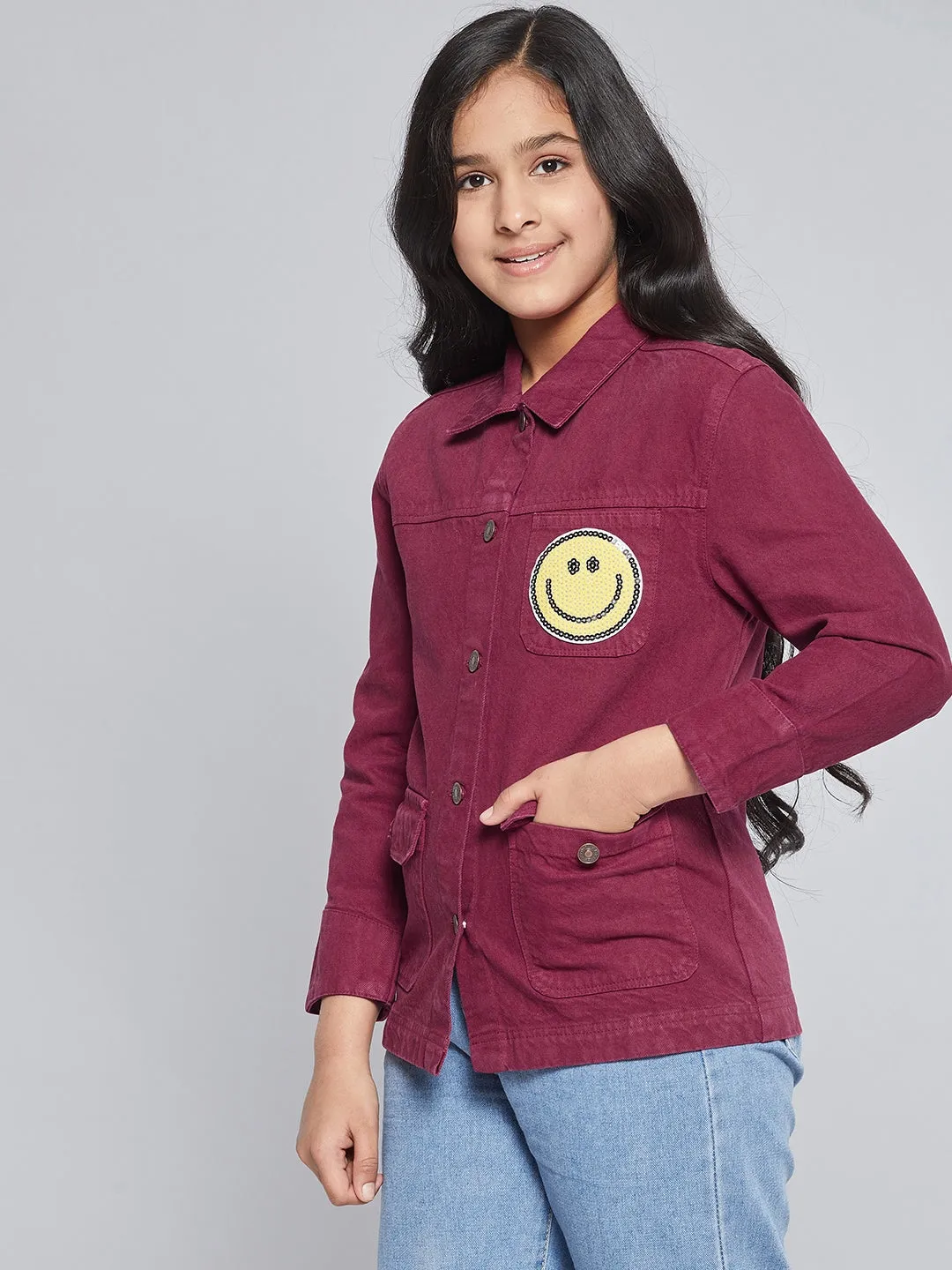 Girls Burgundy Smiley Patch Denim Jacket