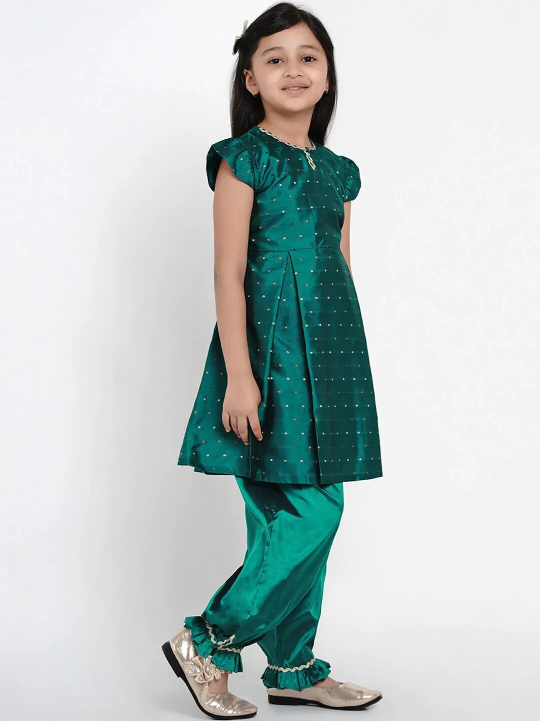 Girls Green & Gold-Toned Woven Design Kurti With Salwar