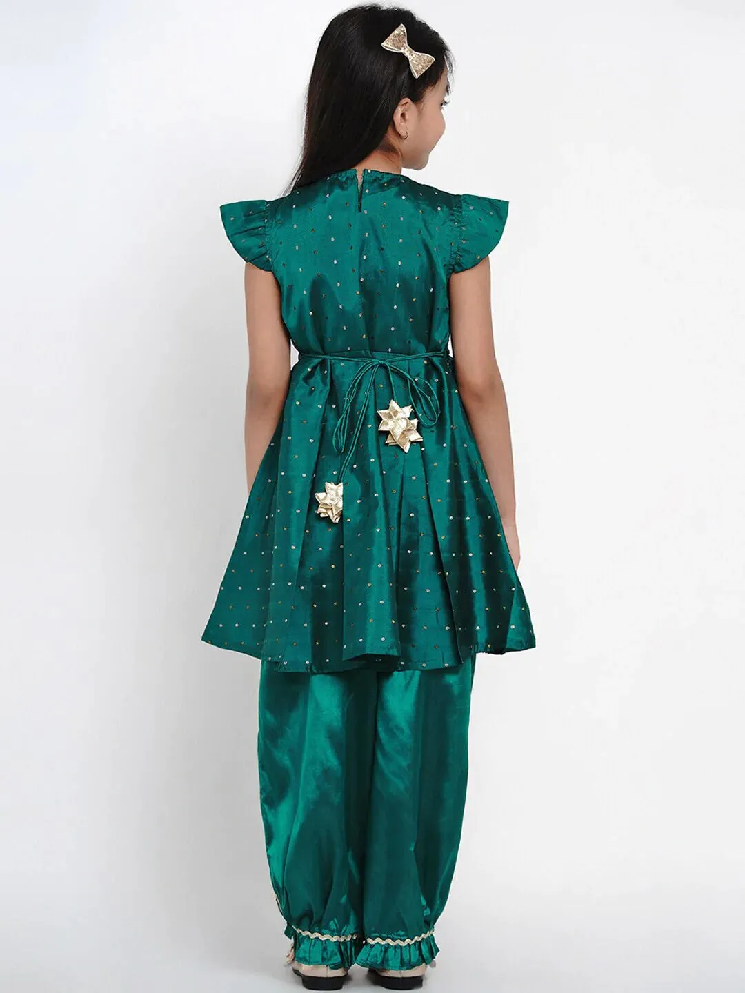 Girls Green & Gold-Toned Woven Design Kurti With Salwar