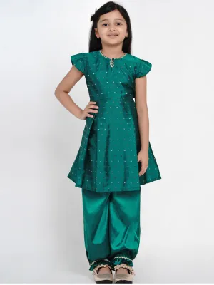 Girls Green & Gold-Toned Woven Design Kurti With Salwar