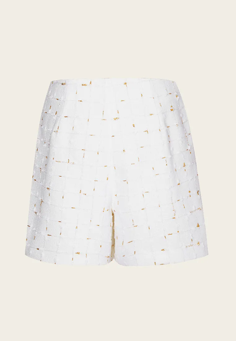 Golden Detail White Tweed Shorts