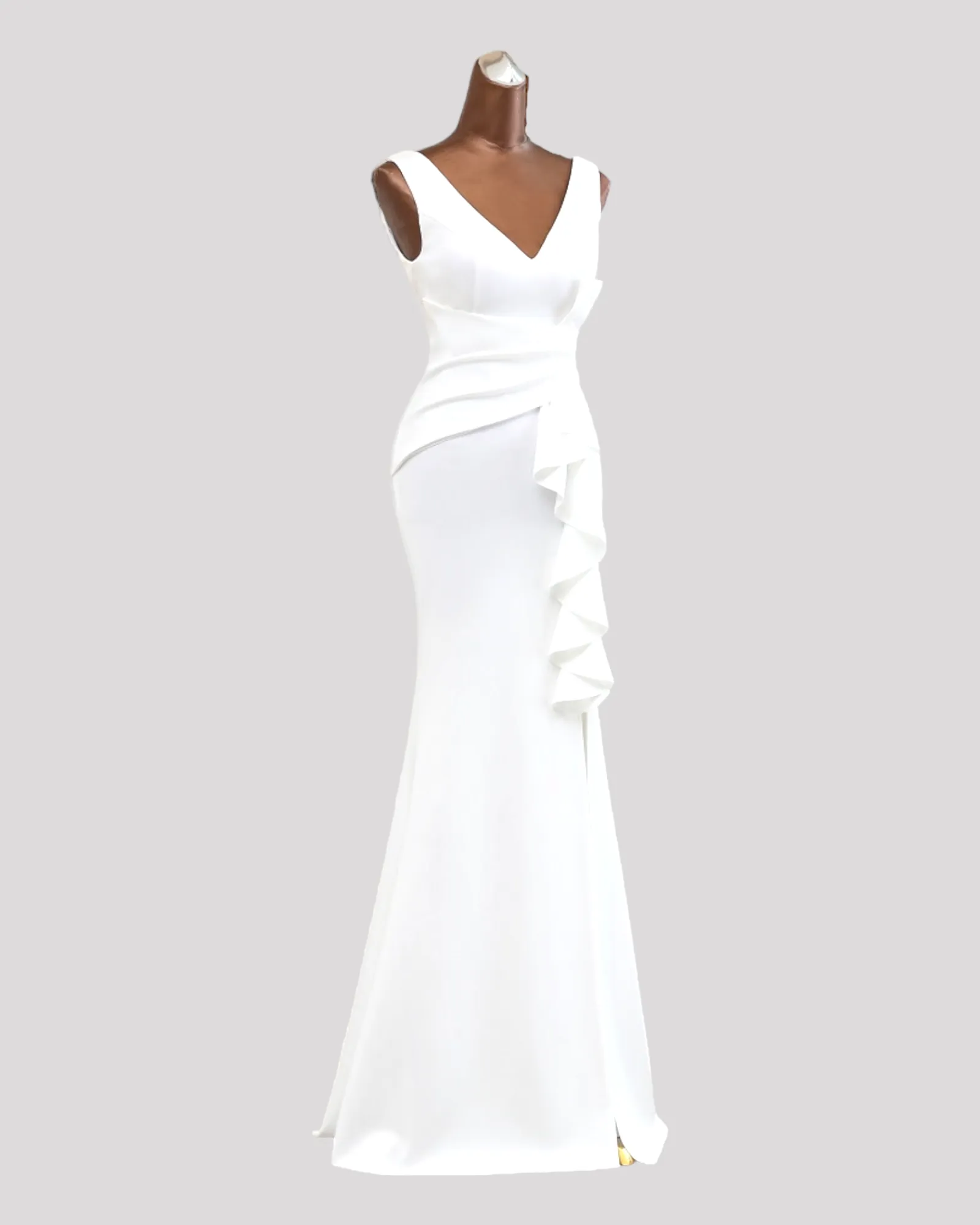 Gorgeous Pleated Bodice Evening Dress with Ruffle over Leg Split with a VNeckline Front and Back