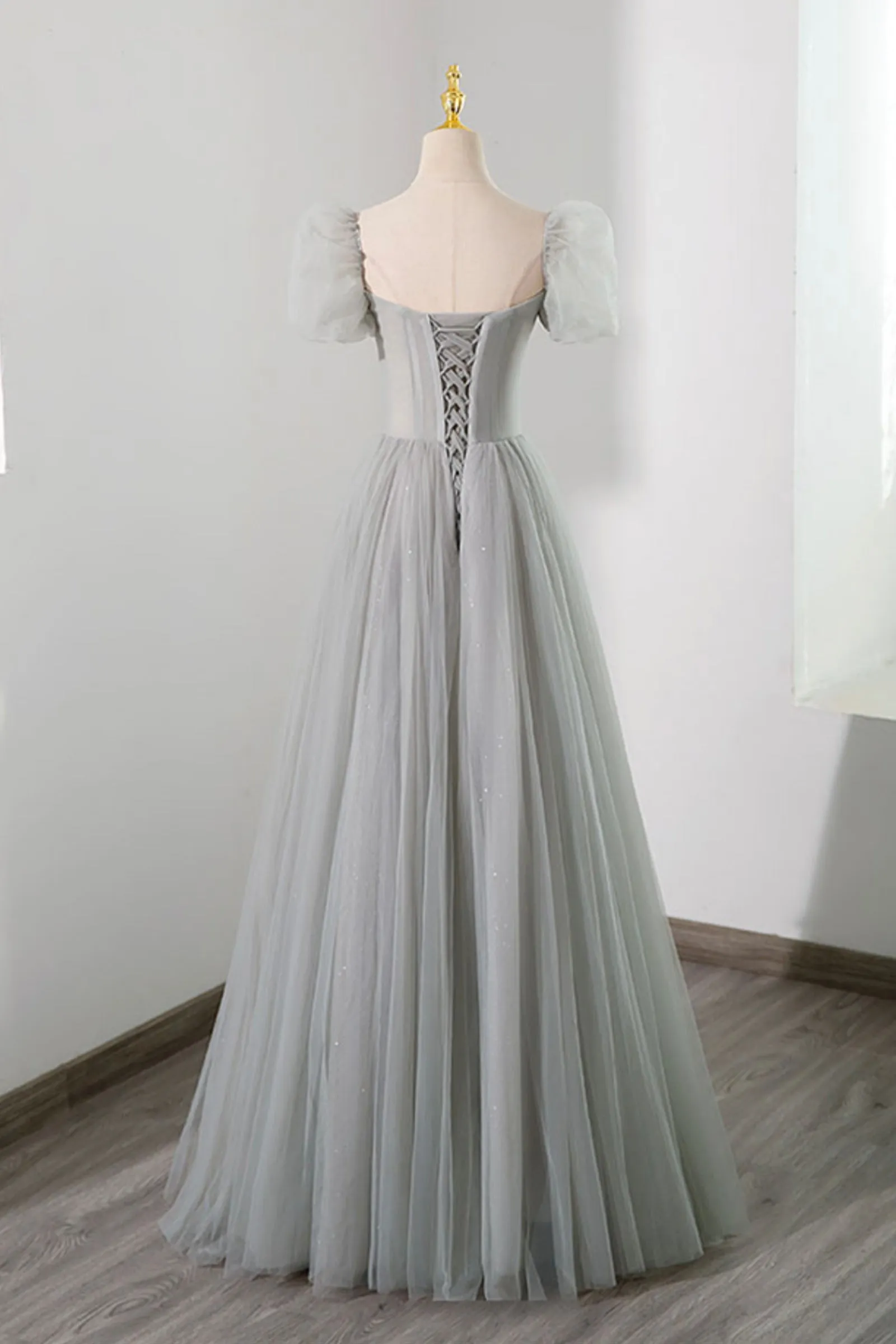 Gray Tulle Beading Long Prom Dress A-Line Short Sleeve Evening Dress