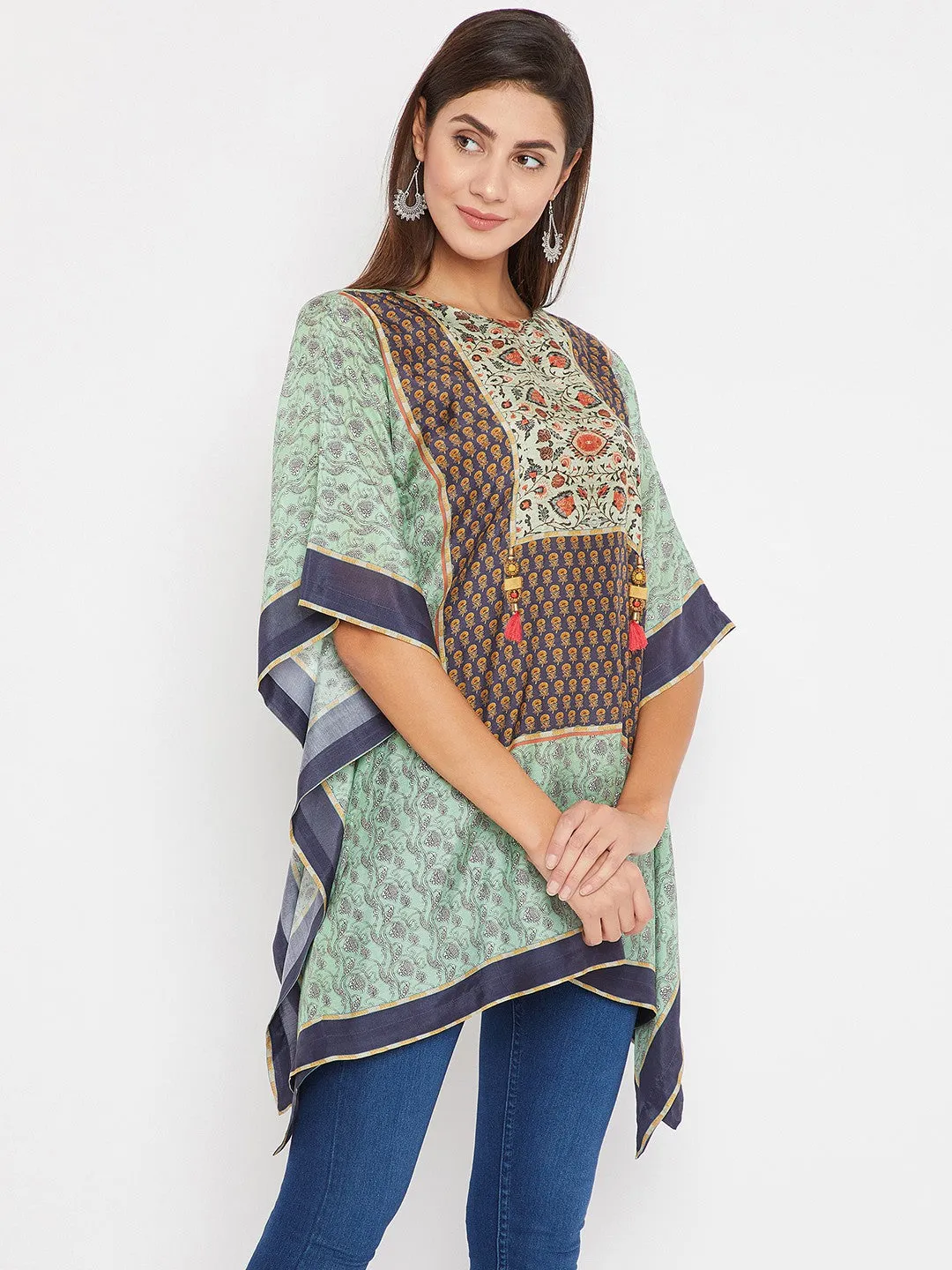 Green And Blue Floral Printed Kaftan Top