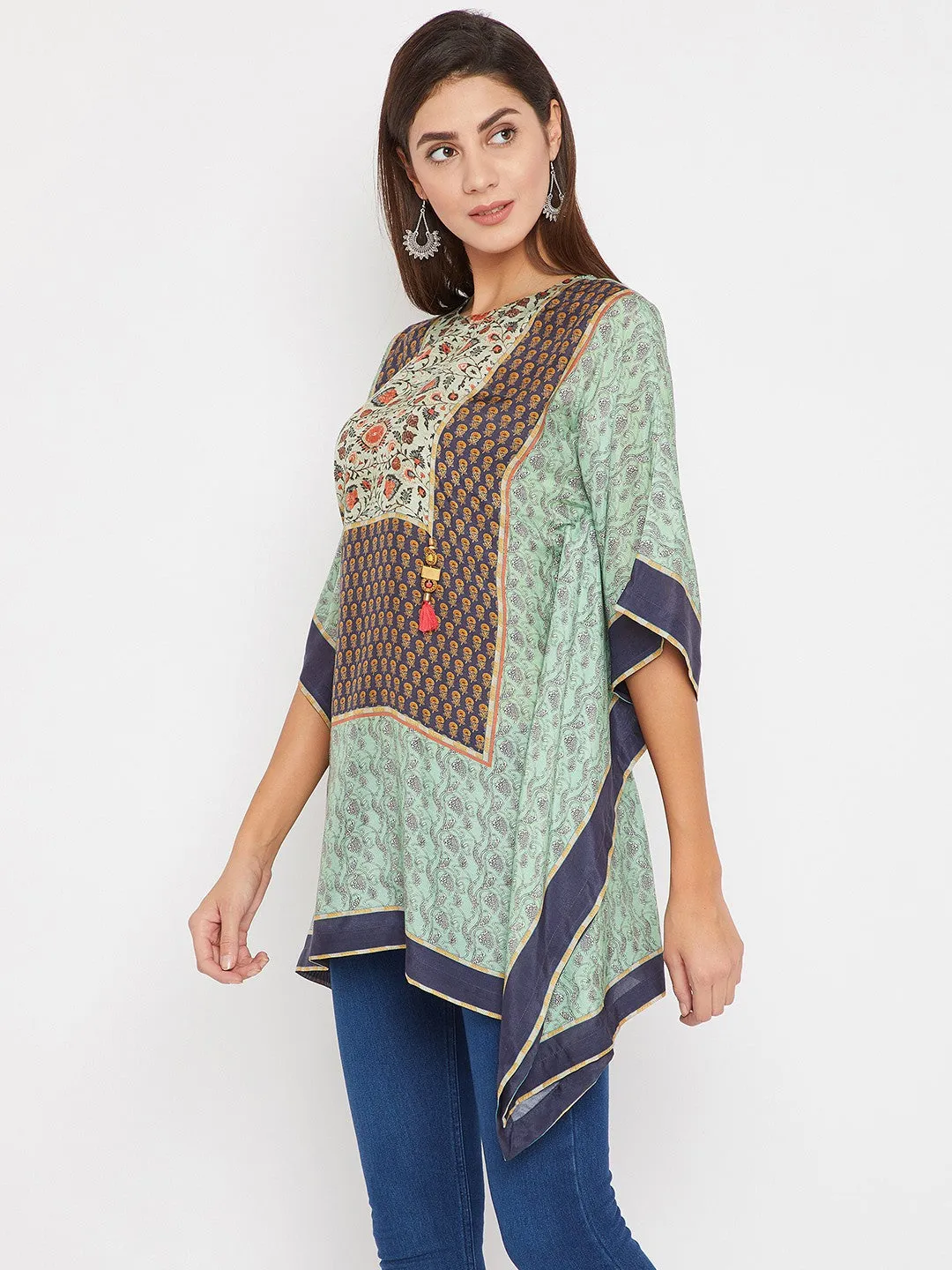 Green And Blue Floral Printed Kaftan Top