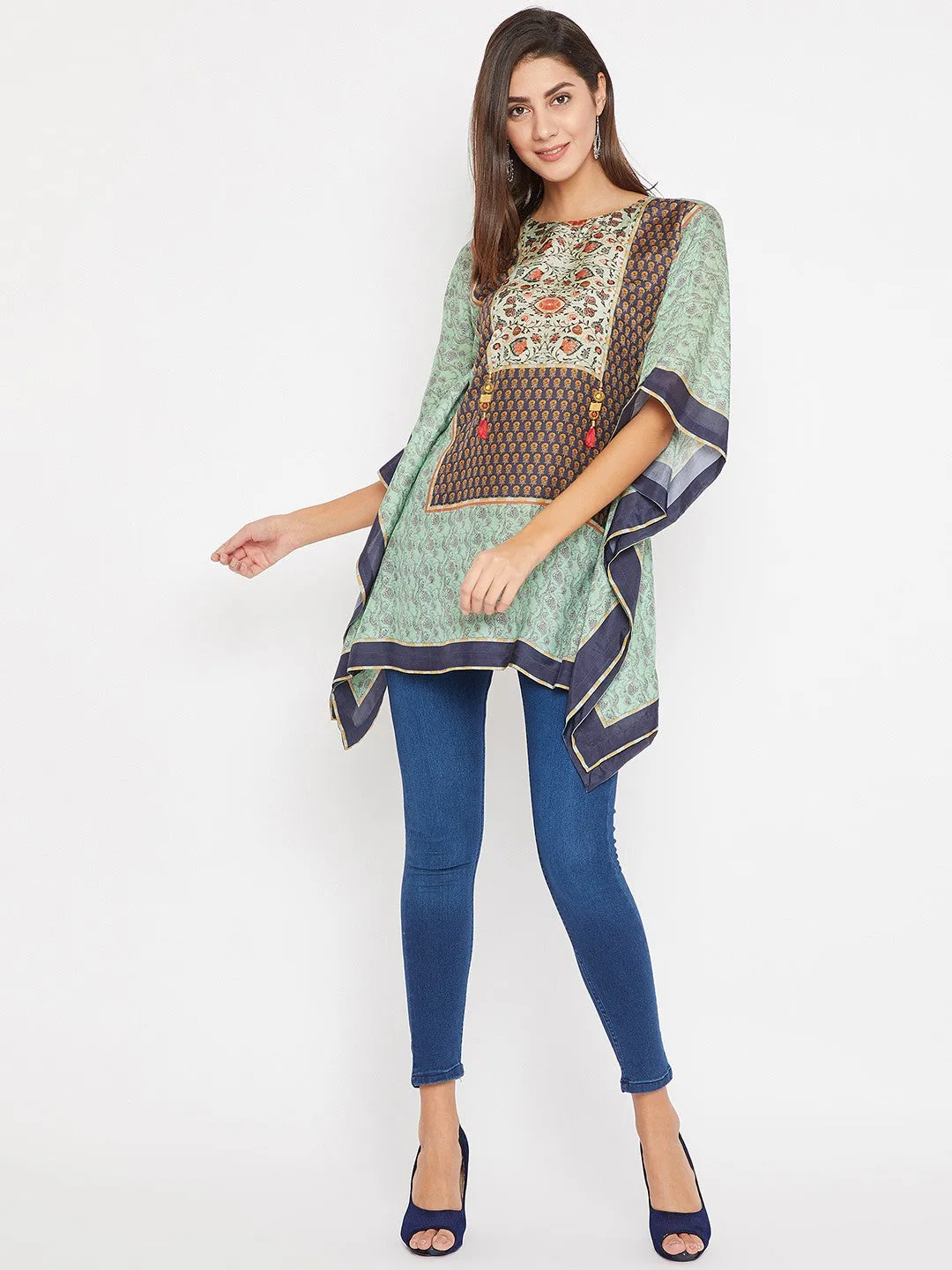 Green And Blue Floral Printed Kaftan Top