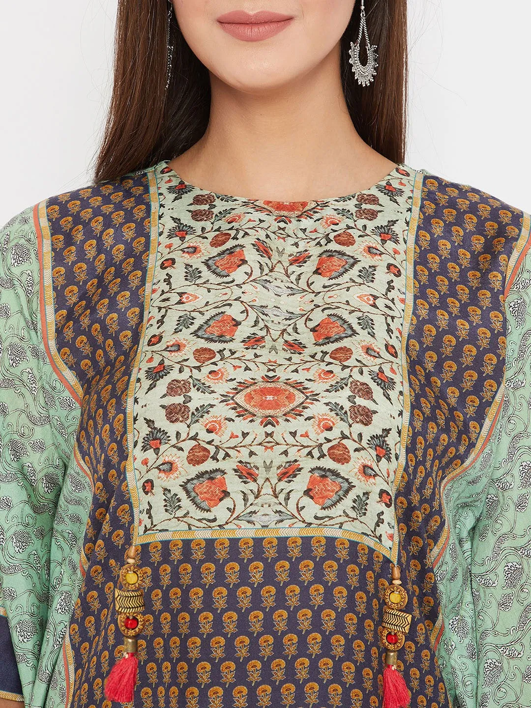 Green And Blue Floral Printed Kaftan Top