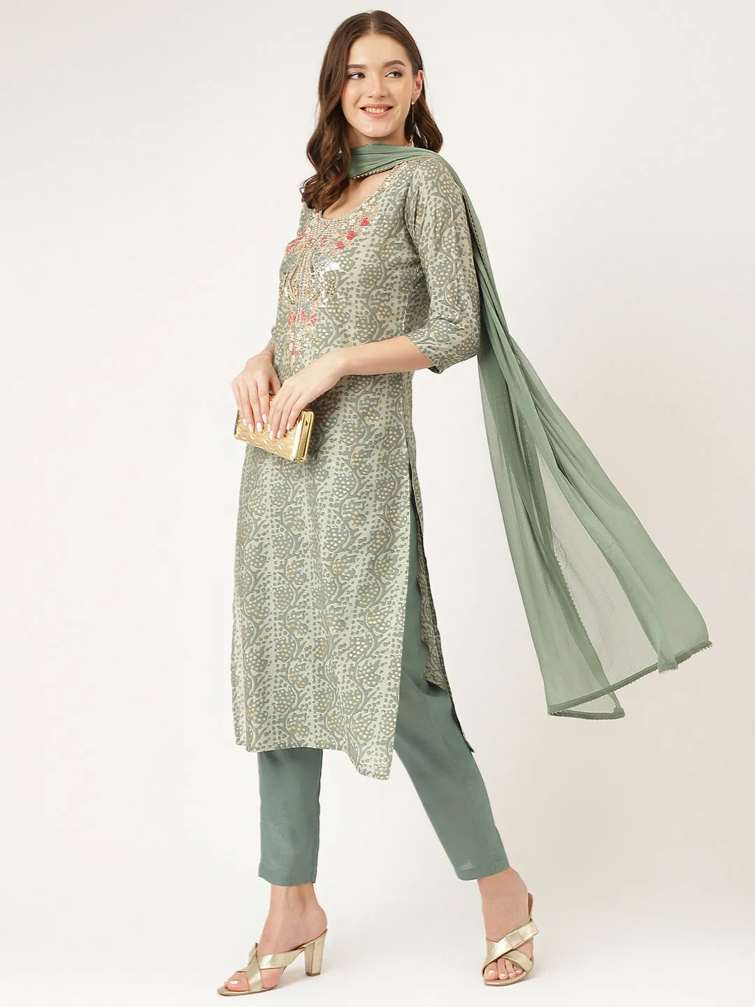 Green Floral  Print Chanderi  Kurta, Trouser With Dupatta