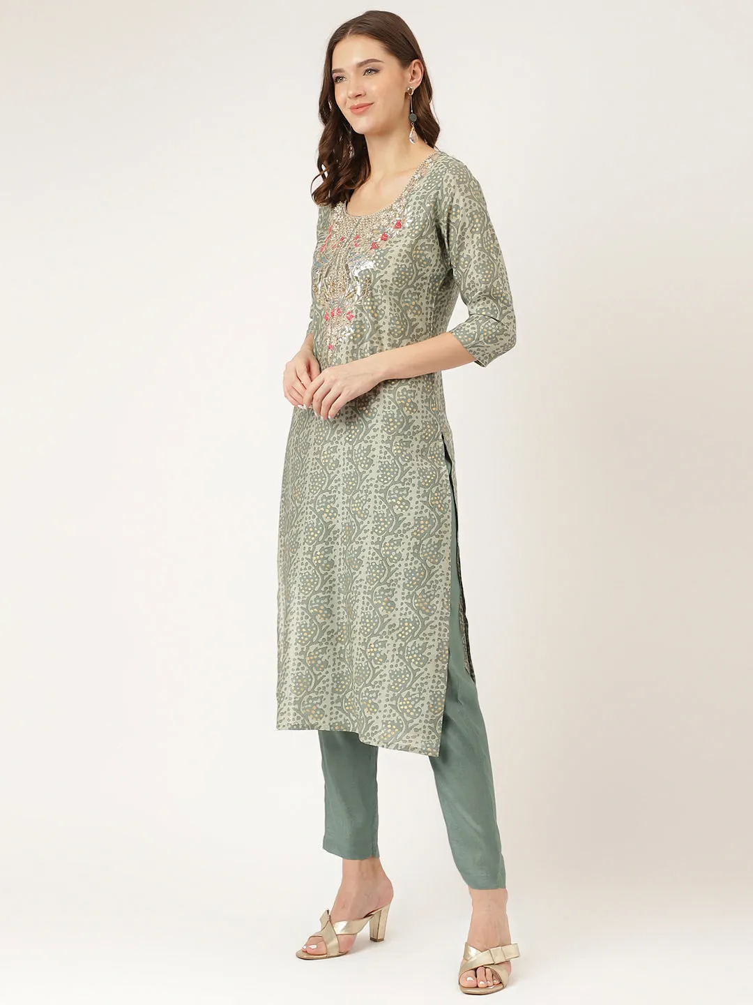 Green Floral  Print Chanderi  Kurta, Trouser With Dupatta