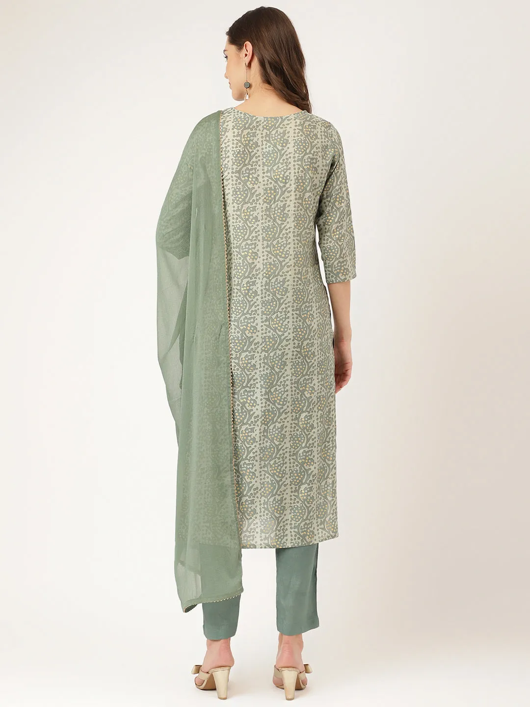 Green Floral  Print Chanderi  Kurta, Trouser With Dupatta