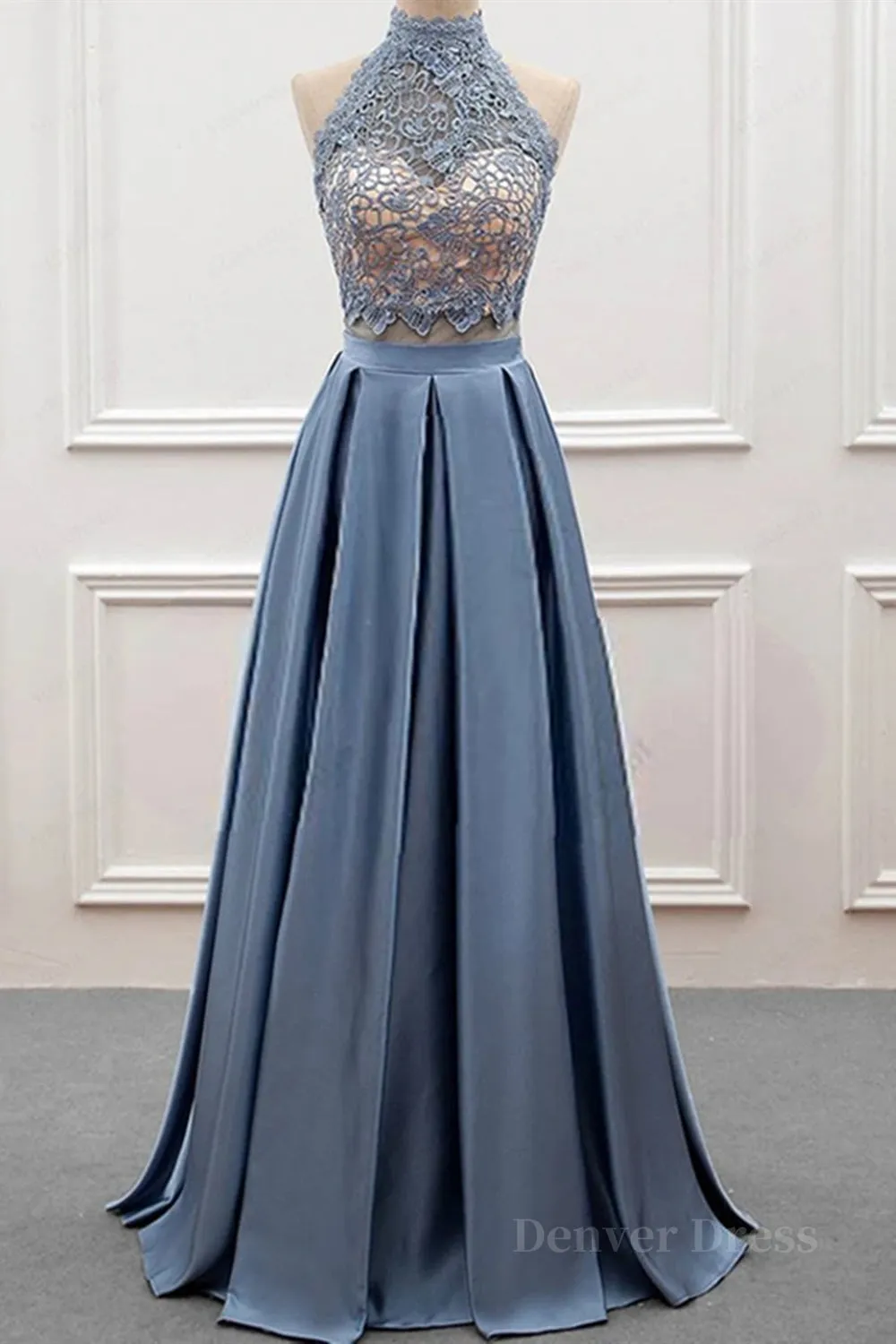 High Neck Two Pieces Blue Lace Long Prom Dress 2 Pieces Blue Lace Formal Dress Blue Evening Dress