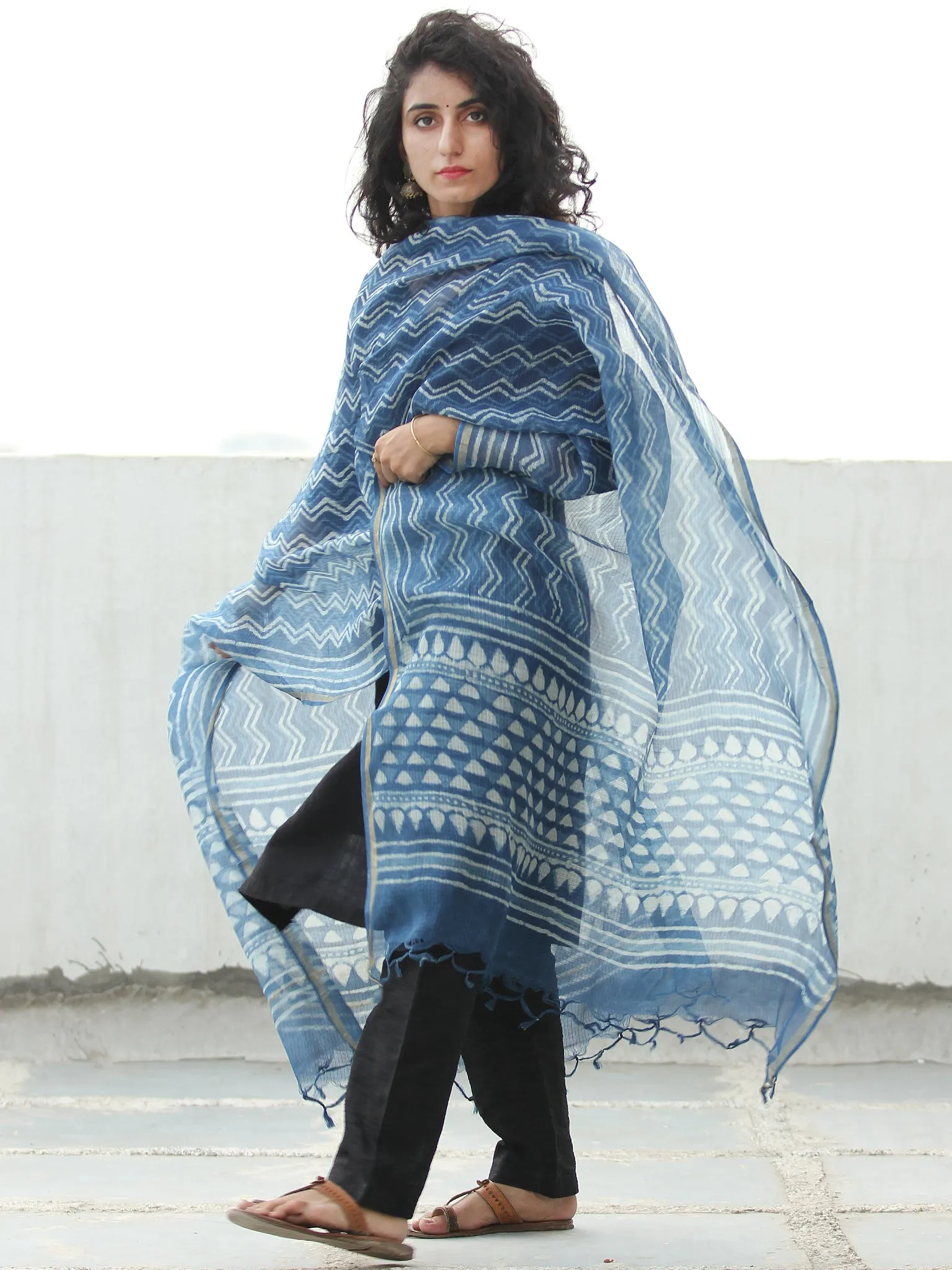 Indigo White Kota Silk Hand Block Printed Dupatta - D04170530