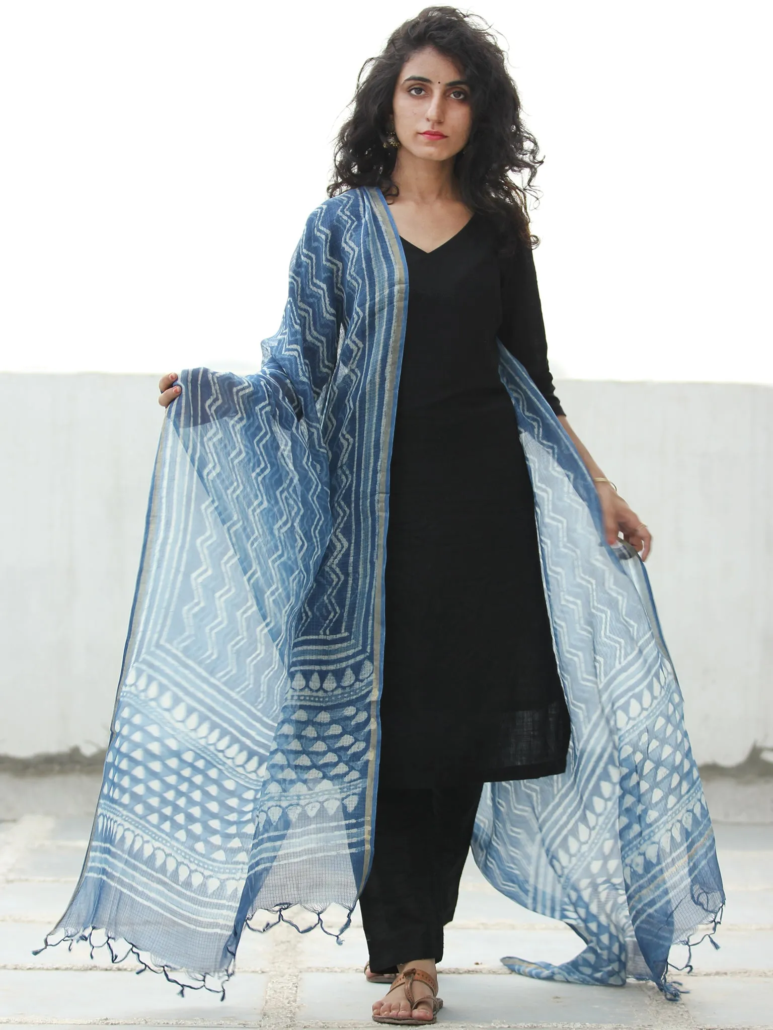 Indigo White Kota Silk Hand Block Printed Dupatta - D04170530