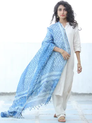 Indigo White Shibori Kota Silk Hand Block Printed Dupatta - D04170637