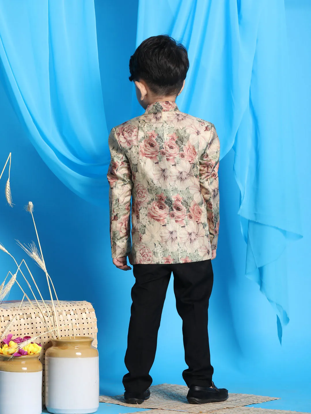 Jashvi Boy's Beige Silk Blend Floral Print Blazer