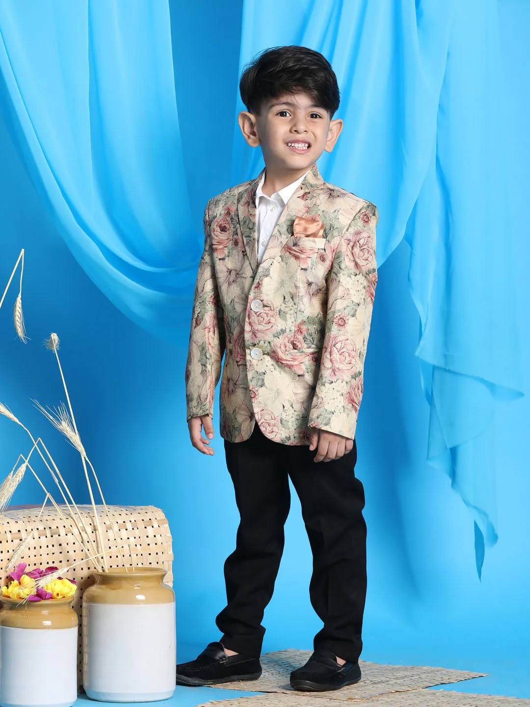 Jashvi Boy's Beige Silk Blend Floral Print Blazer