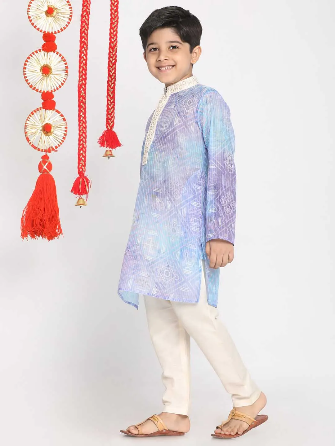 Jashvi Boys' Blue And Cream Kurta Pyjama Set