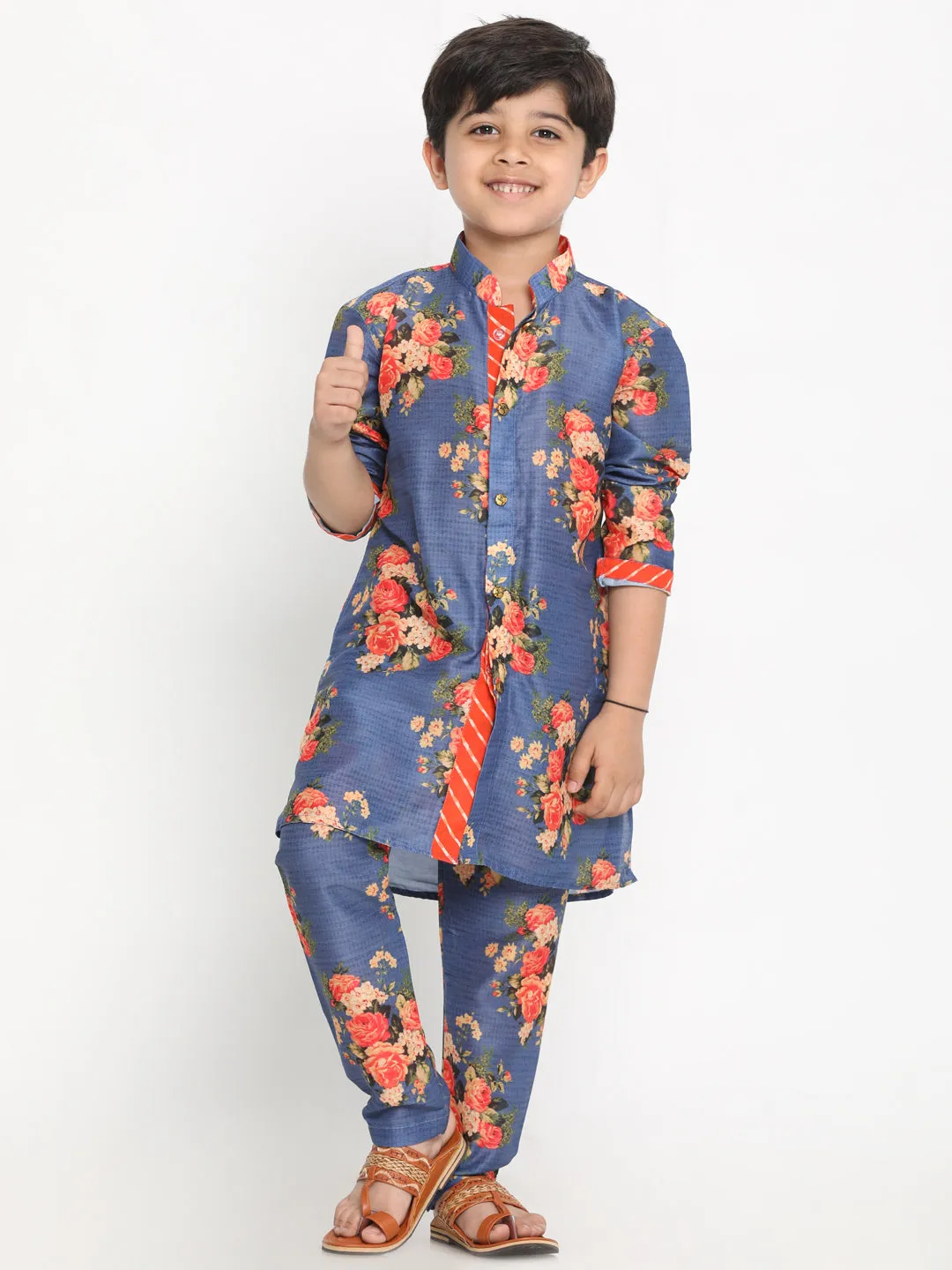 Jashvi Boys Floral Printed Blue Kurta Pyjama Set With Laharia Border