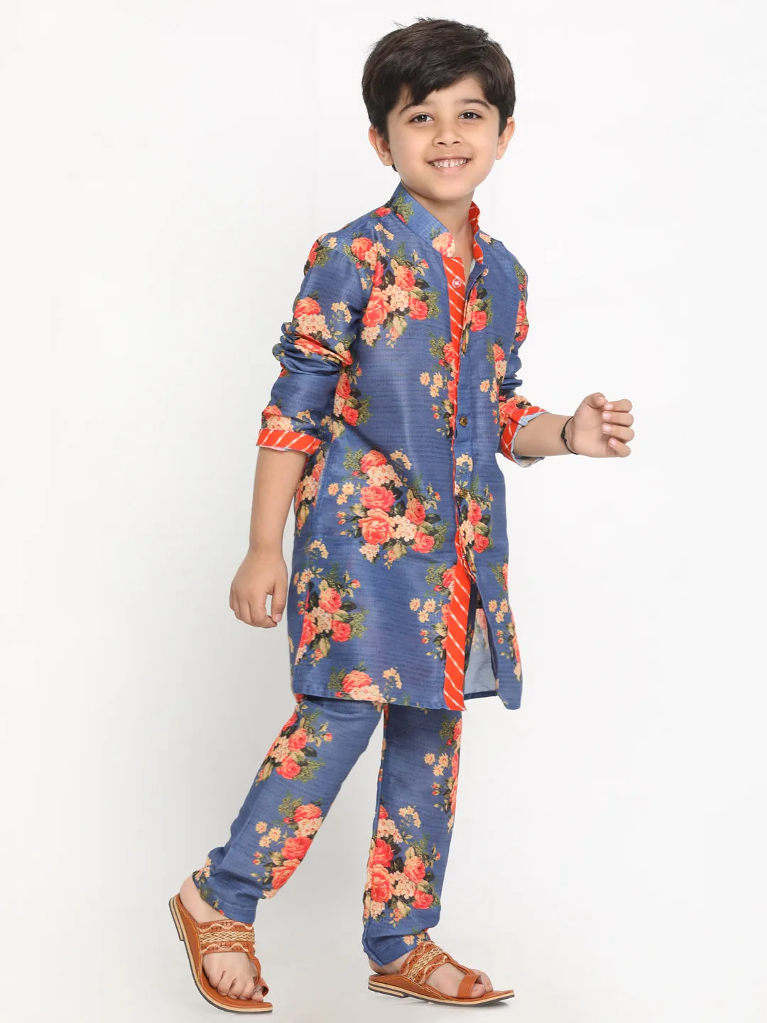 Jashvi Boys Floral Printed Blue Kurta Pyjama Set With Laharia Border