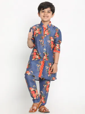 Jashvi Boys Floral Printed Blue Kurta Pyjama Set With Laharia Border