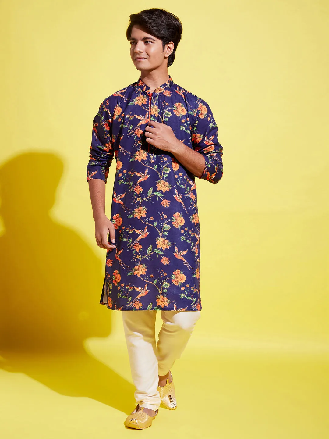 Jashvi Boys' Multicolor-Base-Navy Blue Kurta and Pyjama Set With Leheria Border