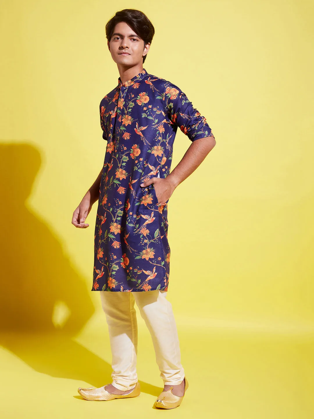 Jashvi Boys' Multicolor-Base-Navy Blue Kurta and Pyjama Set With Leheria Border