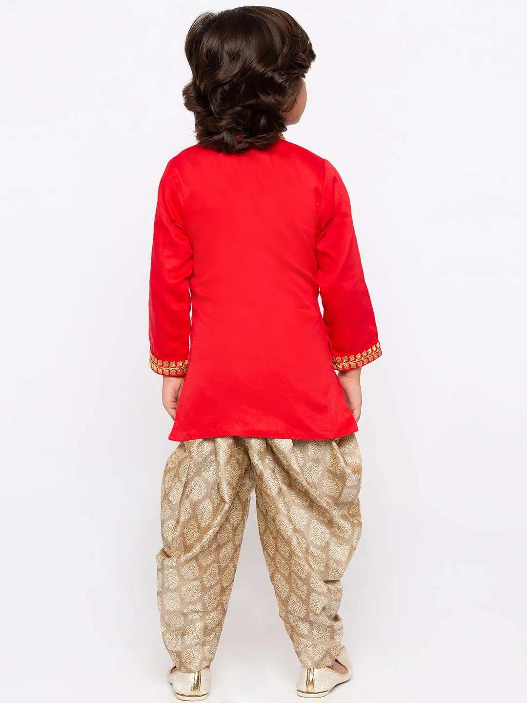 Jashvi Boys' Red Cotton Kurta and Dhoti Pant Set