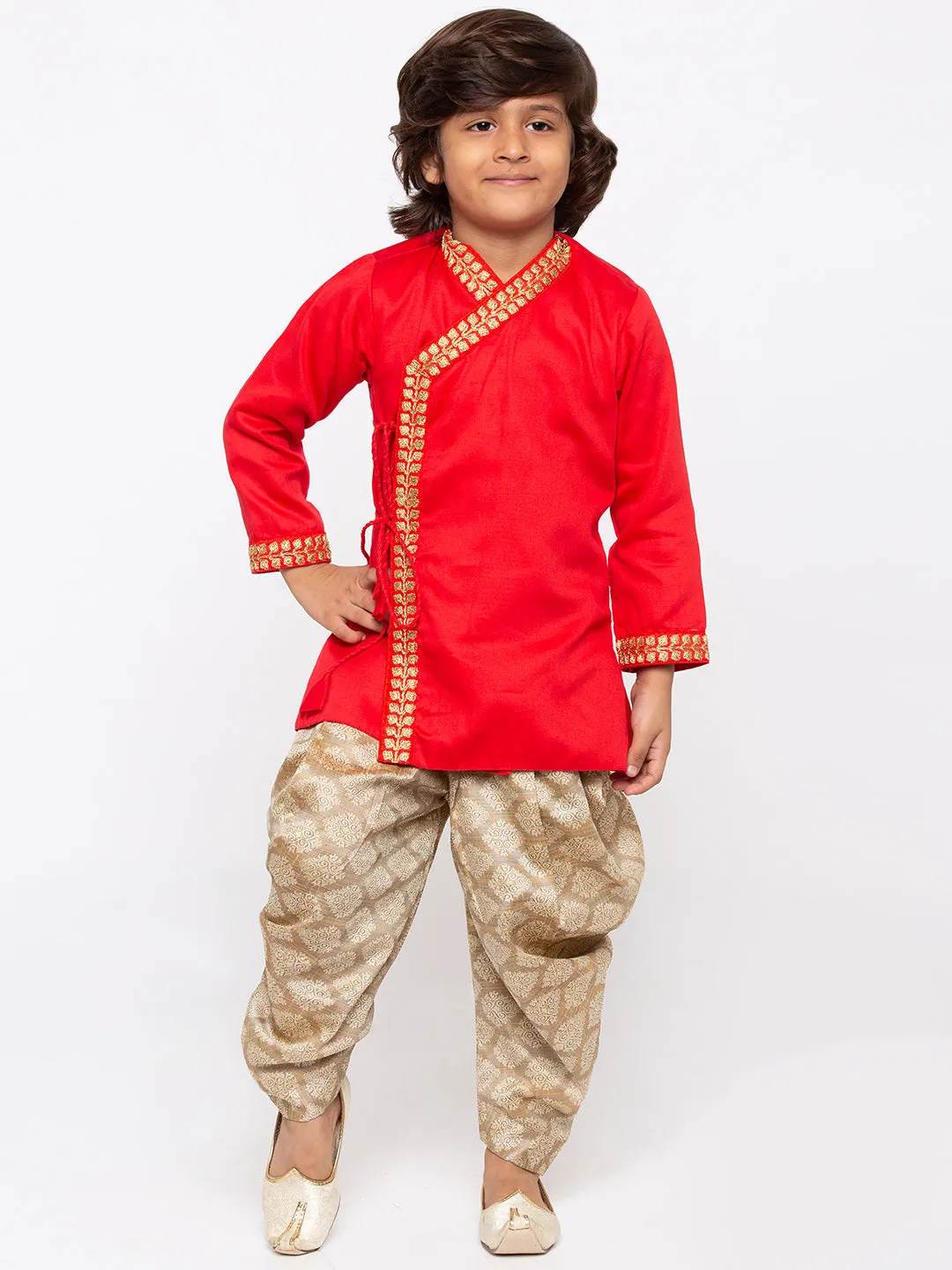 Jashvi Boys' Red Cotton Kurta and Dhoti Pant Set