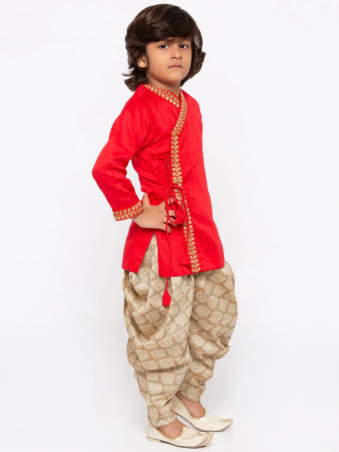 Jashvi Boys' Red Cotton Kurta and Dhoti Pant Set