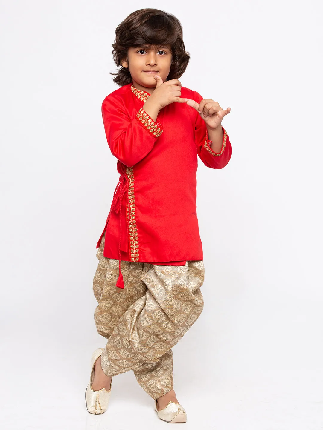 Jashvi Boys' Red Cotton Kurta and Dhoti Pant Set