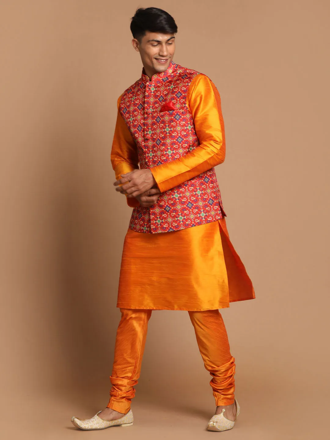 Jashvi Maroon Patola Print Nehru Jacket With Orange kurta Pyjama Set